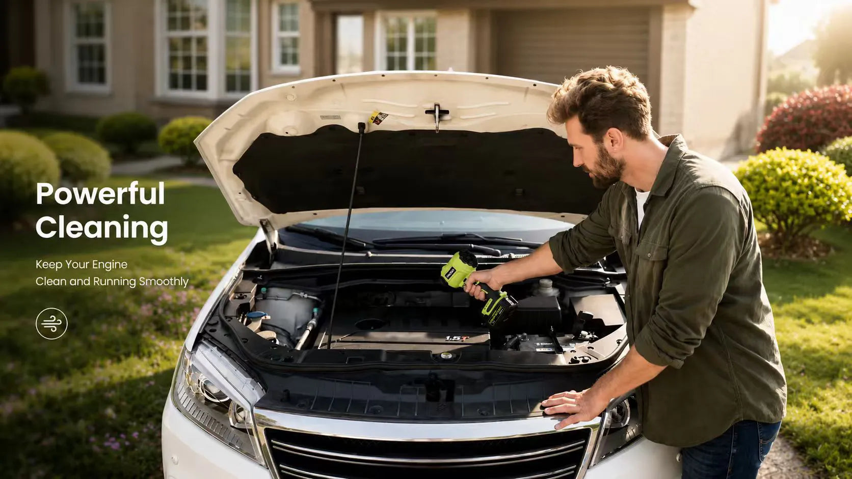 FAOGO cordless air duster clearing dust from a car engine bay. Portable high-speed blower for safe auto detailing.