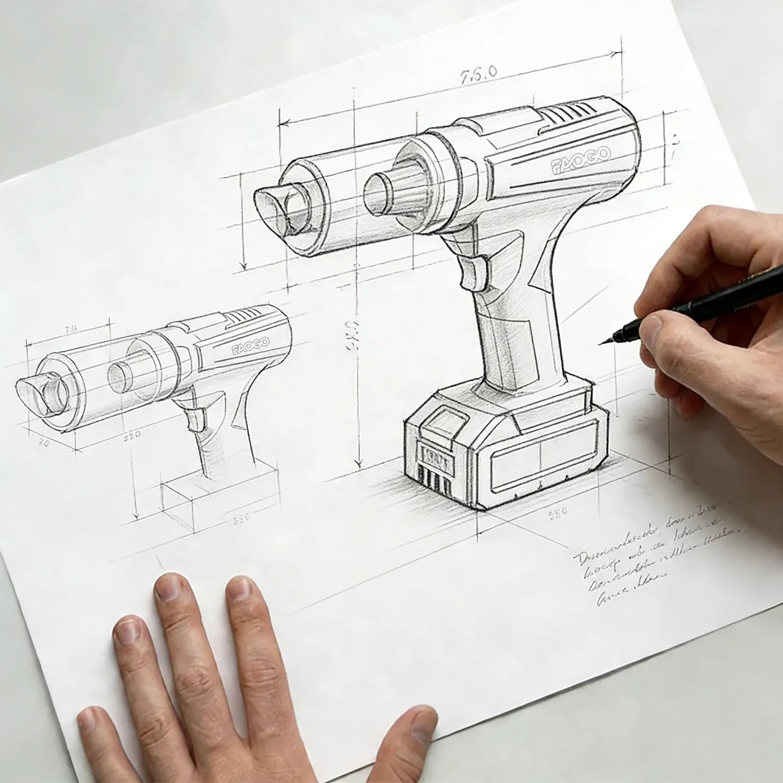 FAOGO cordless vacuum industrial design sketch. Professional hand-drawn technical drawing showing product dimensions and R&D.