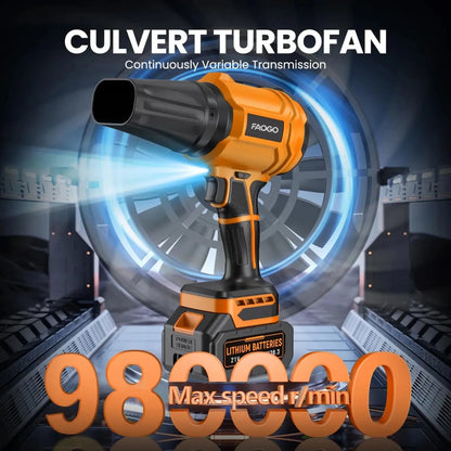 FAOGO Culvert Turbofan cordless leaf blower hero shot, highlighting its powerful 980000 RPM maximum speed and variable speed control. 