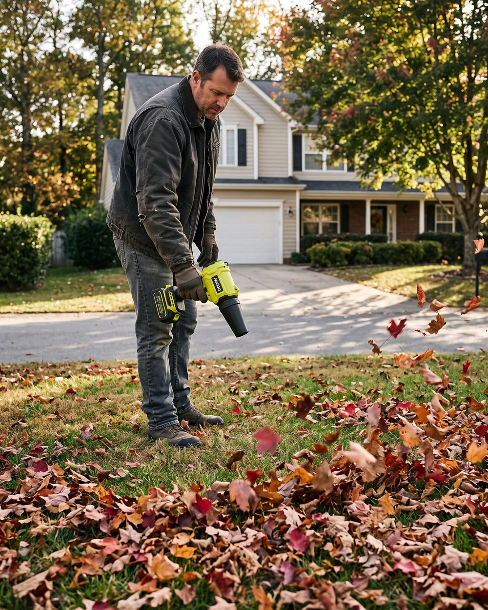 Man using a green FAOGO blower to clear fallen leaves in a yard