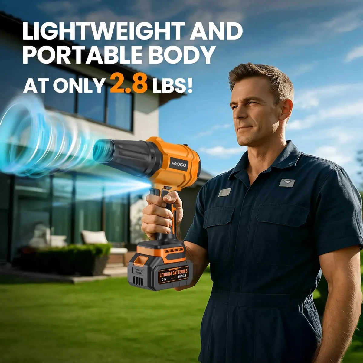 Man holding FAOGO lightweight cordless leaf blower. Highlighting its ultra-portable 2.8 lbs design for easy yard work. 