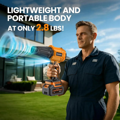 Man holding FAOGO lightweight cordless leaf blower. Highlighting its ultra-portable 2.8 lbs design for easy yard work. 