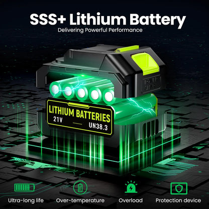 Inside FAOGO neon green 21V SSS+ lithium battery. UN38.3 power tool battery with over-temperature and overload protection. 