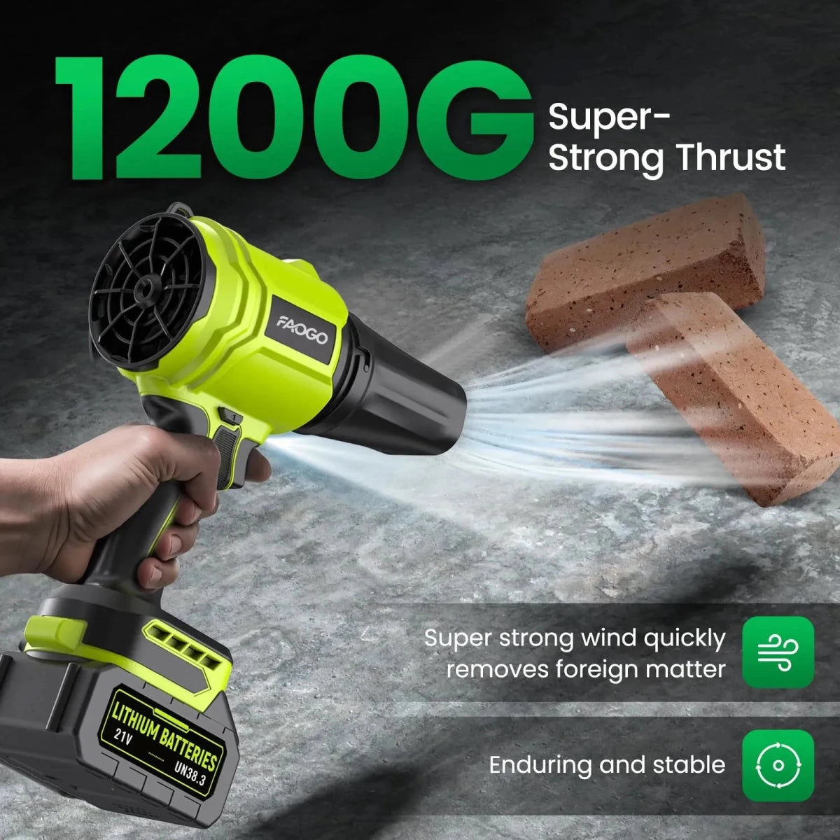 FAOGO neon green heavy-duty cordless air duster clearing concrete. Showing 1200G super-strong thrust by blowing bricks. 