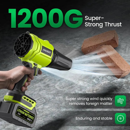 FAOGO neon green heavy-duty cordless air duster clearing concrete. Showing 1200G super-strong thrust by blowing bricks. 