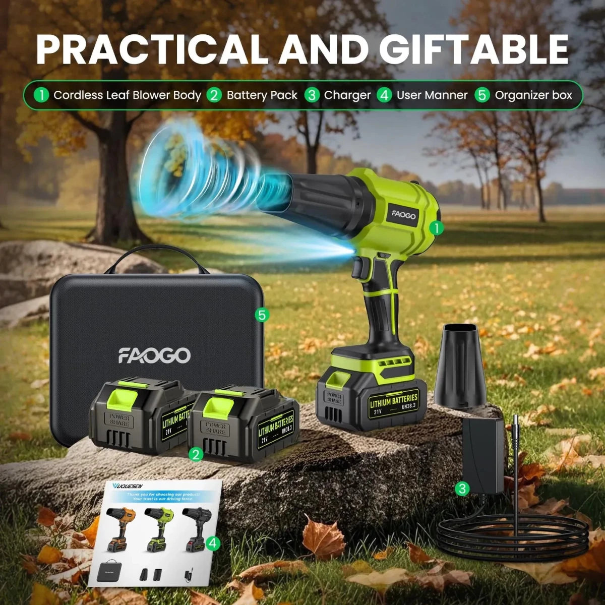 Practical FAOGO neon green cordless leaf blower gift set. Complete outdoor kit with 2 batteries, manual, and organizer box. 