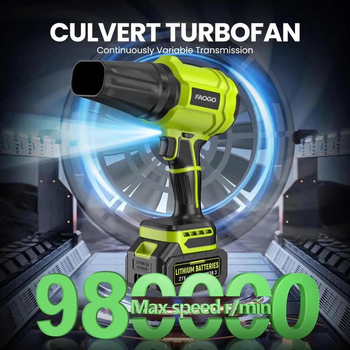 FAOGO neon green Culvert Turbofan cordless leaf blower. Featuring variable transmission and 980000 RPM max speed. 