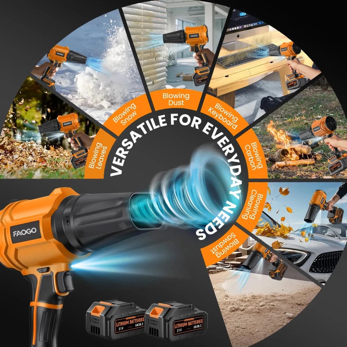 Versatile FAOGO cordless air blower. Multi-purpose 21V duster for leaves, snow, keyboards, campfires, and car cleaning. 